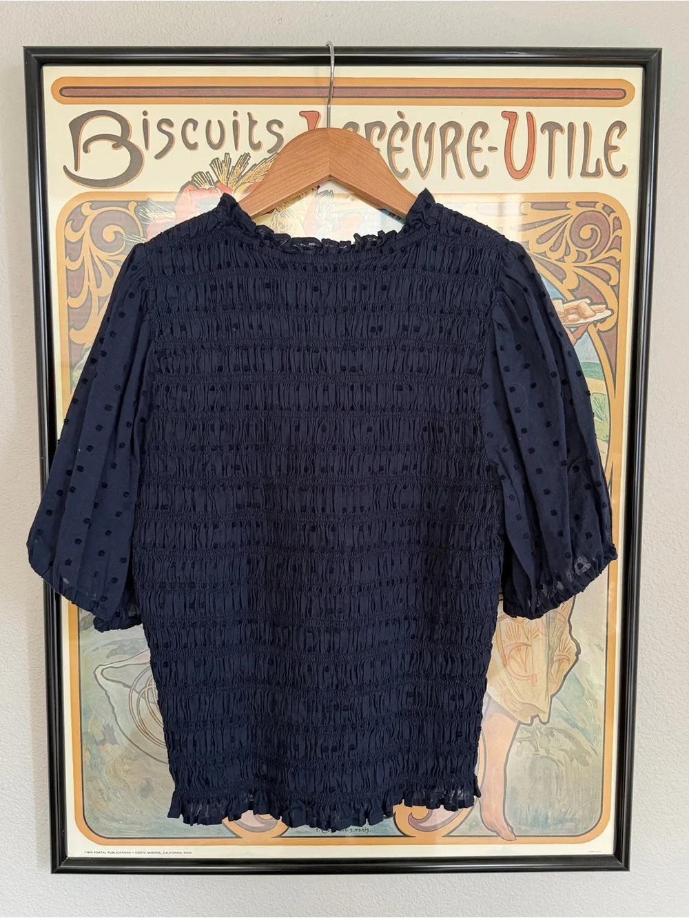 J. Crew Navy Textured Smocked Puff-Sleeve Blouse - S